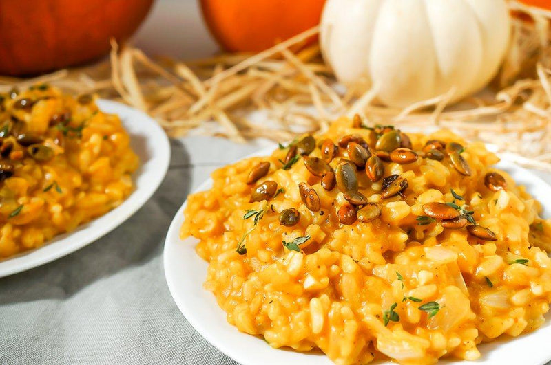 Halloween Pumpkin Risotto Recipe with Sweet & Spicy Roasted Pepitas - Root Kitchen UK